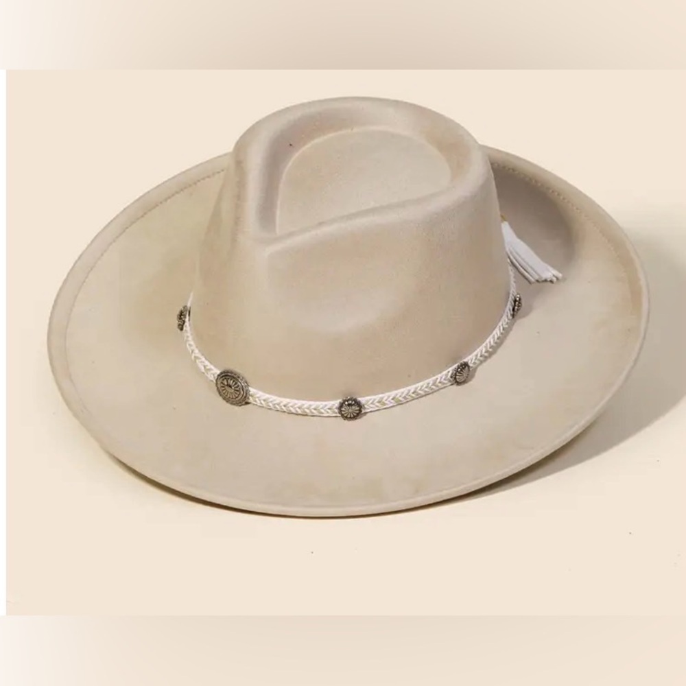 NWT Boho Festival Wide Brim Fedora Vegan Suede Concho Braided Tassel Belted Hat - Picture 2 of 3